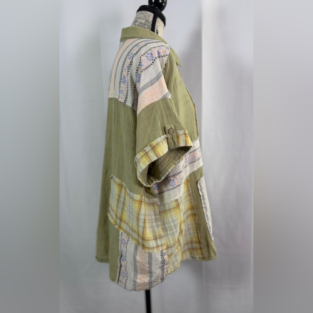 Patchwork Button-Down Shirt In Olive And Pastel P… - image 6